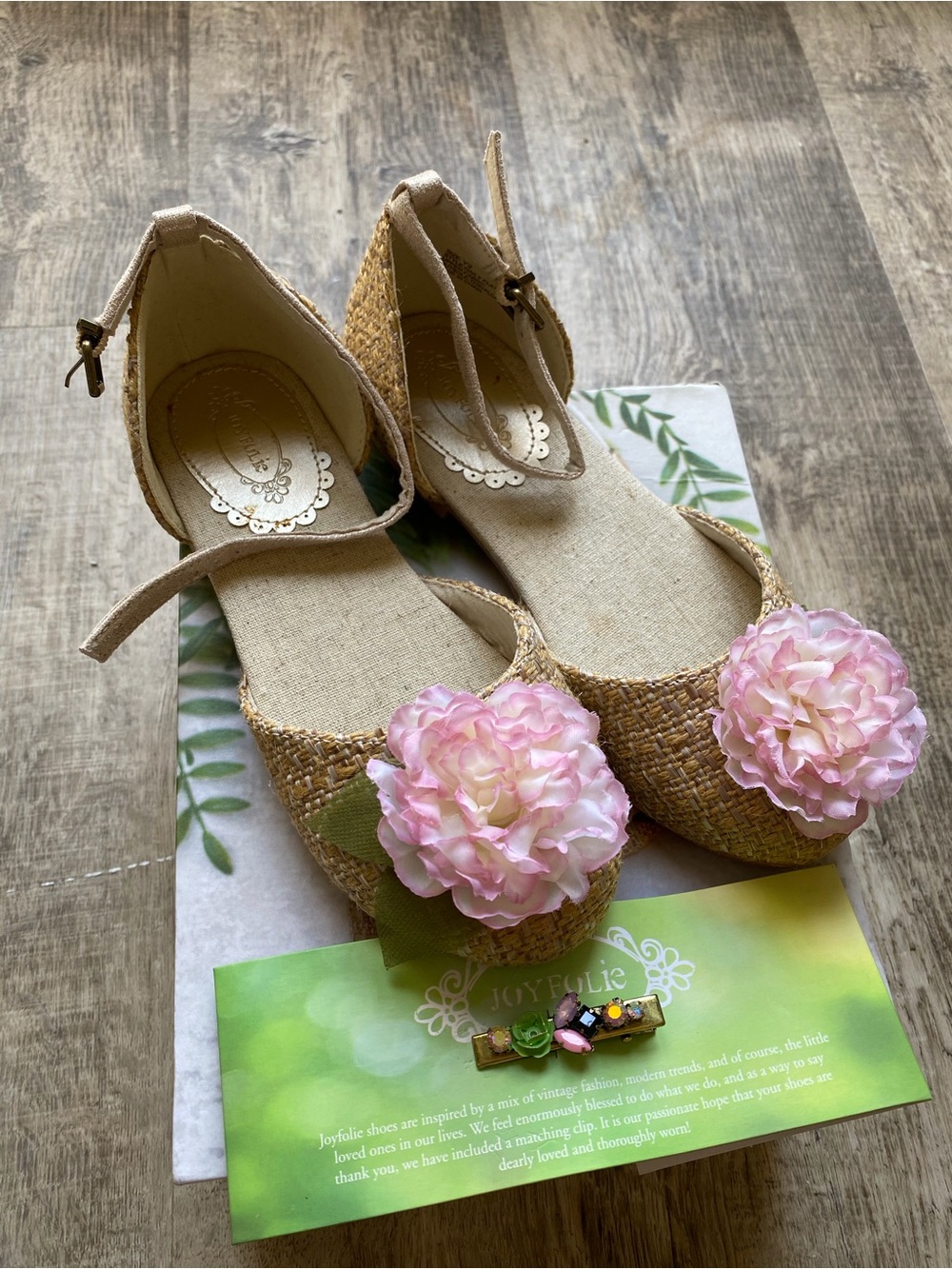 Joyfolie Girls Beige Woven Espadrille Wedges with Pink Floral Pom